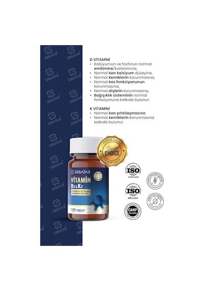 Erbatab D3 Vitamini Ve K2 Vitamini İçeren Takviye Edici Gıda 120 Tablet