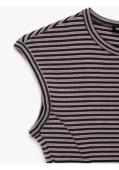 Koton Slim Fit Pamuklu Ribana Bisiklet Yaka Kolsuz Çizgili Tişört Bordo Çizgili 7wak10023pk