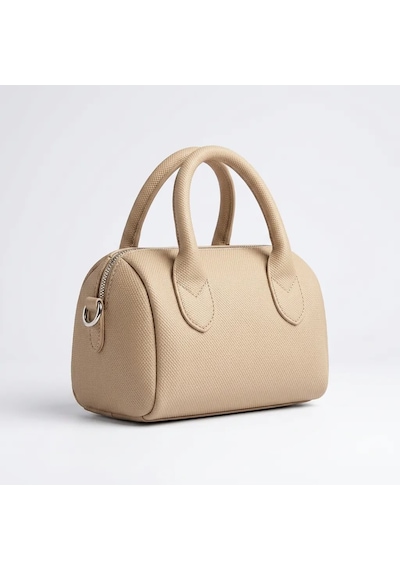 Bej Mat Dokulu Mini El Ve Omuz Çantası Kadın Fermuarlı Günlük Şık Çanta 19x11 Cm - Lisinya