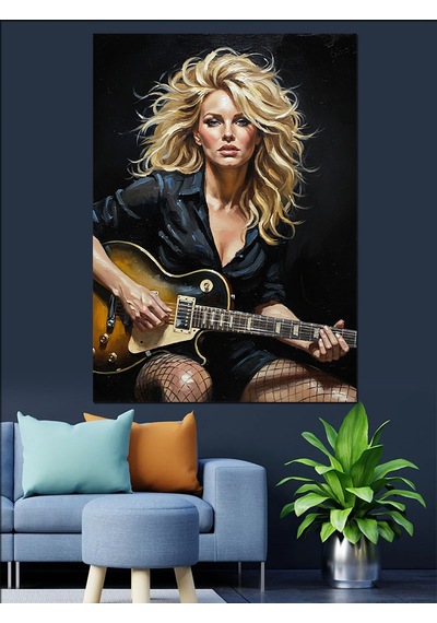 Ahşap Tablo Gitar Çalan Rockçı Kadın