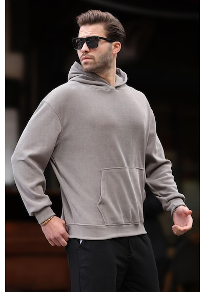 Madmext Gri Kapüşonlu Cep Detaylı Dokulu Sweatshirt E7101