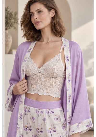 Loule Kadın Lila Dantel Braletli Sabahlıklı Saten Pijama Takımı