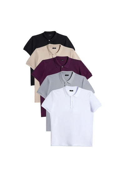 Tudors Erkek 5'li Paket Siyah-taş-gri-mor-beyaz Slim Fit Dar Kesim Pamuklu Düz Pike Polo Yaka Tişört-52834 Çok Renkli