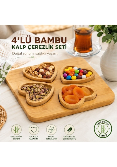 4 Lü Bambu Kalpli Çerezlik Seti Ahşap Sunum Tepsili 4 Bölmeli Atıştırmalık, Kuruyemiş, Çerez, Şekerleme Ve İkramlık Se