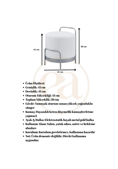 Ella Ola Puf, Metal Halkalı Puf, Makyaj Oturağı ,puf Bench Montajsız Oturak Gold Metal Ayaklı KREM