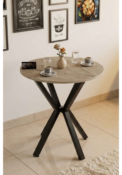 Reyo Falez 70 Cm Yuvarlak Mutfak Masası Metal Ayaklı Modern Yemek Balkon Bahçe Kafe Masası Traverten 9821