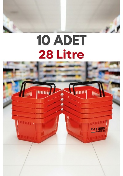 10 Adet - 28 Litre Plastik Market Alışveriş Sepeti Saplı Dayanıklı Market Mağaza El Sepeti Kırmızı
