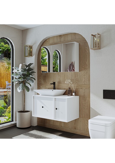 Çanak Lavabolu Mat Mdf 90 Cm Banyo Dolabı + Aynalı Dolap Beyaz Mat Beyaz