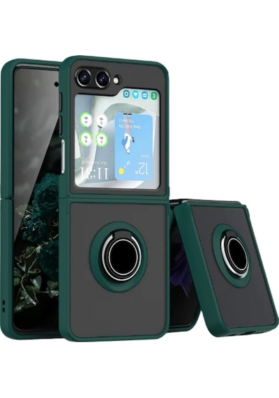 Samsung Galaxy Z Flip 7 FE Uyumlu Kılıf Yüzüklü Standlı Extra Koruma Sert Silikon Kapak -Yeşil