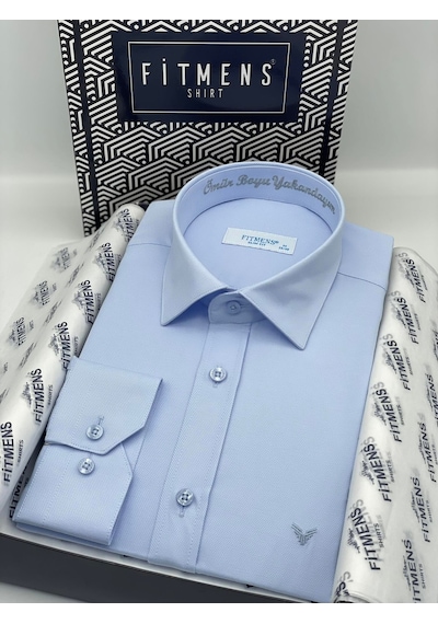 Slim Fit Uzun Kol Ömür Boyu Yakandayım Nakışlı Hediye Kutulu Erkek Gömlek Fs-001376 - Mavi-1786 MAVİ