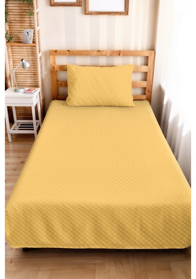 Sarı Minimal Genç Odası Tek Kişilik Pike Takımı - Kapitone Hardal 160x220 Cm Yazlık Yatak Örtüsü Perde Defne Aurası