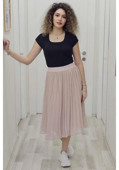 Lodmela Beli Lastikli Pliseli Etek 6018-pudra Pudra