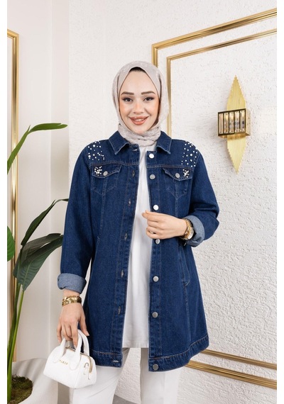 Harman Butik Kadın Boncuk İşlemeli Denim Kot Ceket Lacivert Lacivert