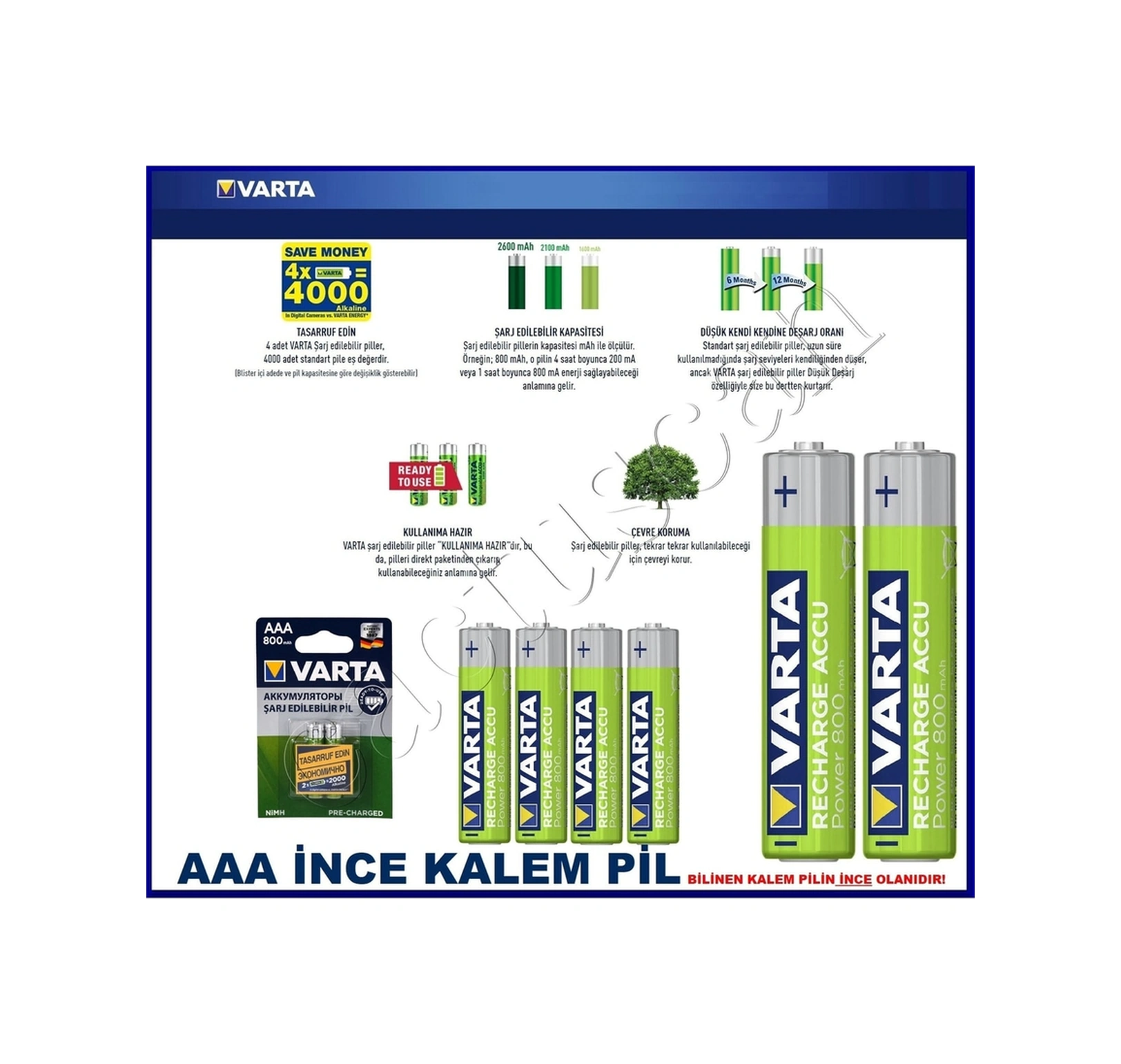 4 Adet Ready To Use 800mah Ni-mh Aaa Şarjlı Ince Pil