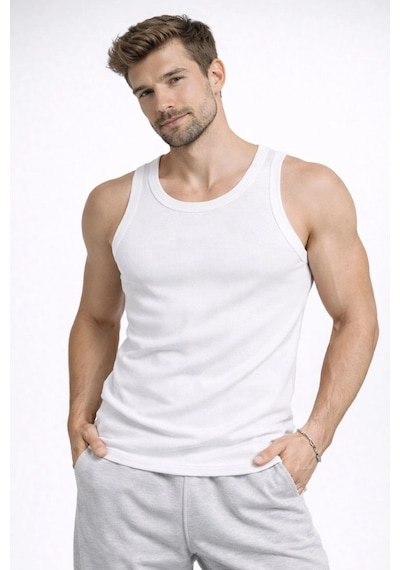 Novalisse Erkek Fitilli Atlet Sıfır Yaka Slim Fit Arka Baskılı Spor Atlet - Beyaz Çoklu Renk