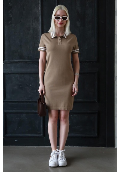 Madmext Kahverengi Polo Yaka Şerit Detaylı Kadın Elbise Mg2344