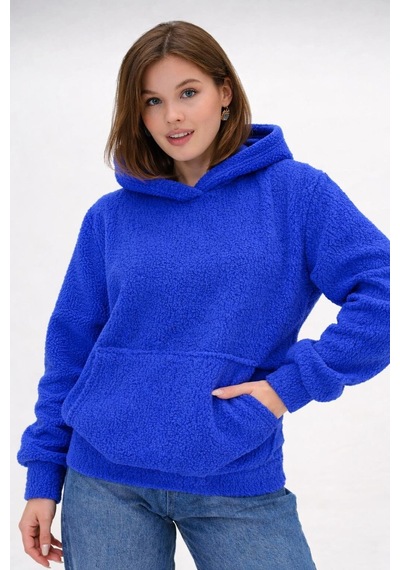 Mamayaga Kadın Peluş Kumoş Kanguru Cepli Kapüşonlu Rahat Kalıp Standart Sweatshirt Mavi
