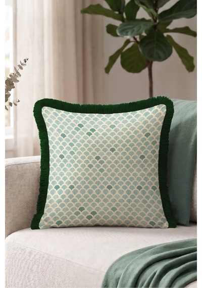 Art Deco Deniz Kabuğu Motifli Saçaklı Yastık Kılıfı - Geometrik Mint Krem Püsküllü Kırlent Kılıfı Bordo