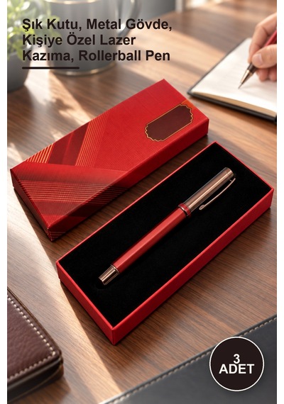 3 Adet Kutulu Bordo Metal Roller Kalem Şık Kutu, Metal Gövde, Kişiye Özel Lazer Kazıma, Rollerball Pen 1
