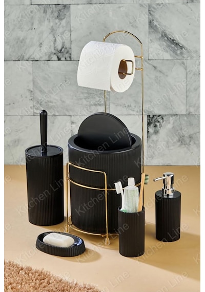 Gold 6 Parça Banyo Seti Metal Standlı Çöp Kovalı Wc Kağıtlık Ve Tuvalet Fırçası Katı- Sıvı Sabunluk Siyah