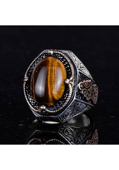 El Yapımı Cabochon Kaplan Gözlü Taş Yüzük - 925k Katı Gümüş Erkek Yüzüğü - Cesur Tasarım Gümüş
