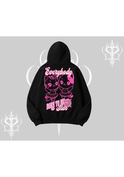 Startmore Born To Be A Star Yazılı Sevimli Kedi Arka Baskılı Kapşonlu Sweatshirt Siyah