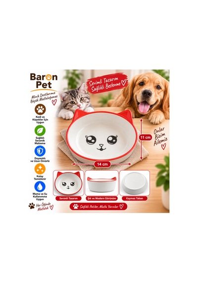Pet Kedi Köpek Seramik Mama Ve Su Kabı 14x11 Cm Kedi Kulaklı Oval Kaymaz Tabanlı - Kırmızı