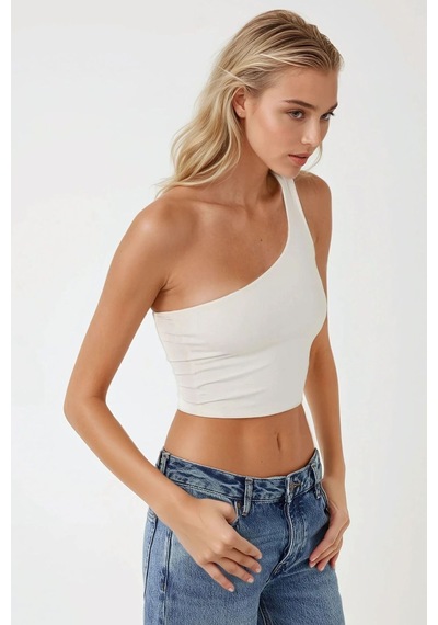Hiccup Asimetrik Yaka Soft Crop Top Beyaz