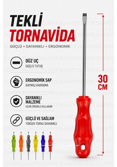 30 Cm Düz Tornavida 5x300 Mm Profesyonel Uzun Boy Ergonomik Sap
