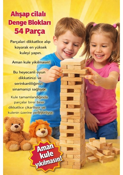 Ahşap Cilalı Denge Blokları 54 Parça Eğitici Ve Eğlenceli Çocuk Oyunu
