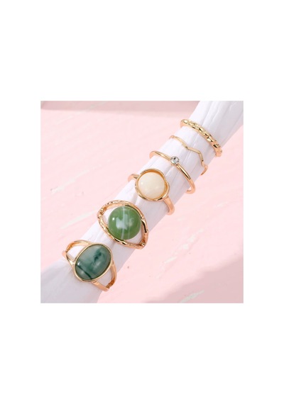 Oasis Gold Altın Renkli Mavi Yeşil Krem Doğal Taşlı Vintage Bohem 6 Parça 6'lı Yüzük Seti Kırmızı-Siyah