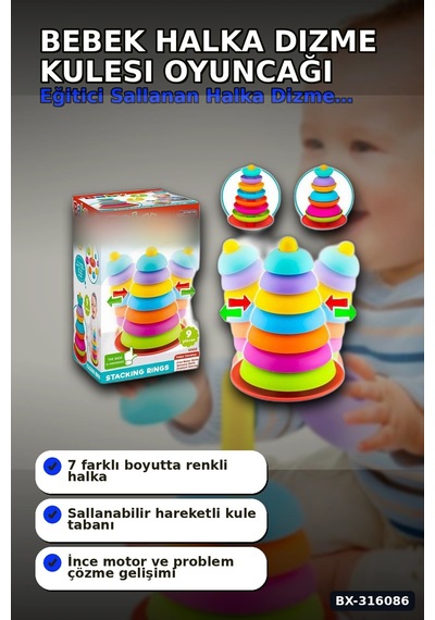 Bebek Halka Dizme Kulesi Oyuncağı 9 Parça - Sallanan Tabanlı Eğitici Set Bx-316086 Belirtilmemiş