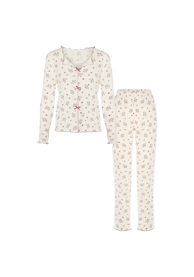 Kadın Pamuklu Çıtır Çiçek Desenli Baby Overloklu Fiyonk Detaylı Uzun Kollu Pijama Takımı Ko70142 Beyaz - Mor