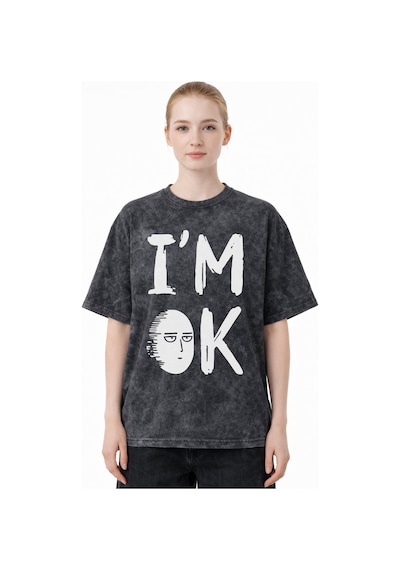 Im Ok One Punch Man Anime Baskılı Unisex Oversize Eskitme Yıkamal Siyah