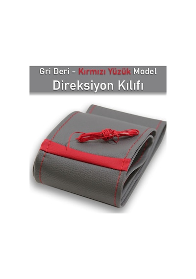 Audi A3 Gri Özel Süper Deri Kırmızı Yüzüklü Dikişli Direksiyon Kılıfı Renkli