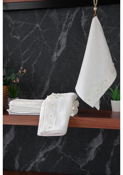 % 100 Pamuklu Kadife Güpürlü İnci Işlemeli 6 Lı Çeyizlik El Yüz Havlu Seti - 30x50 Cm - 04466 - Beyaz Beyaz