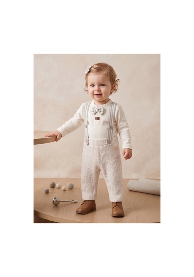 Deniva Kids Bebek Bej Askılı Pantolon Fiyonklu Body Ve Kasket Şapkalı 3'lü Takım Doğum Günü Ve Özel Gün Seti