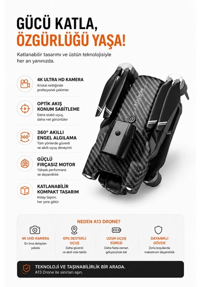 A13 Dron Akıllı Hava Fotoğrafçılık Dronu 360 Derece Akıllı Engel Algılama Katlanabilir Optik Akış Konum Sabitleme Elektirikli Kamera Fırçasız Motor