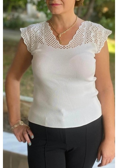 Mia Butik Kadın Beyaz Sıfır Kol Ajurlu Triko Bluz Beyaz