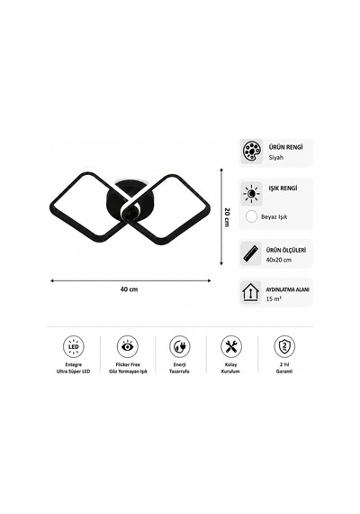 AvizeGO Tilya Led Plafonyer Avize Beyaz Işık Siyah