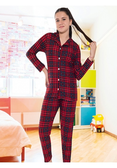 6591 Kız Çocuk Süet Kışlık Boydan Düğmeli Ekoseli Kalın Pijama Takımı Bordo