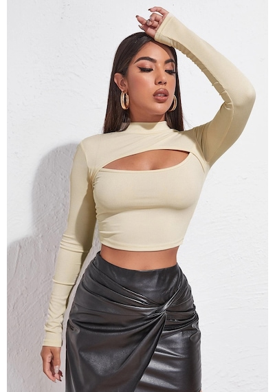 Moda Dua Kadın Ekru Göğüs Dekolteli Uzun Kollu Cut Out Crop Top Bluz