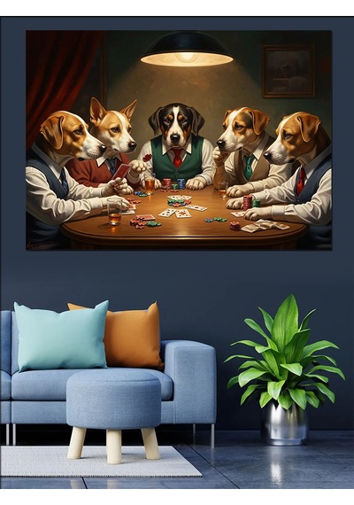 Masa Başında Poker Oynayan Köpekler Dekoratif Kanvas - Mdf Ahşap Tablo