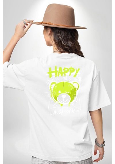 Sık Sık Mutlu Gülmek Teddy Bear Beyaz Oversize Unisex Ön Ve Sırt Baskılı Tişört Beyaz