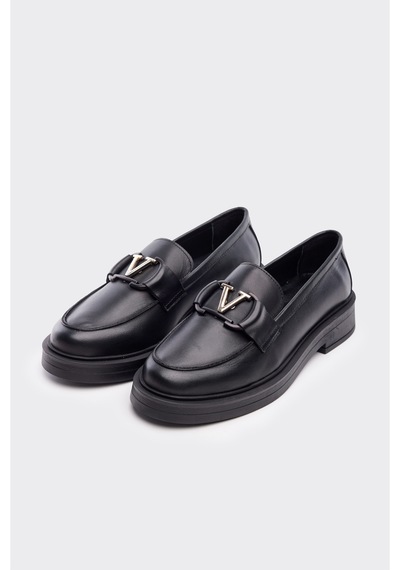 Derinet V Tokalı Hakiki Deri Kadın Loafer Siyah Siyah