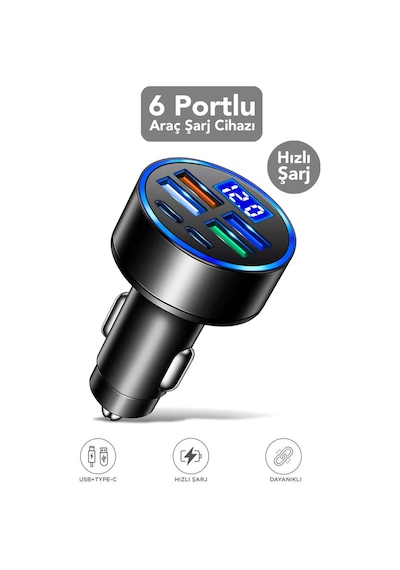 6 Çıkışlı Araç Şarj Aleti - 66w Araç İçi Çakmaklık Süper Hızlı Şarj Aleti Type-c Usb Çıkışlı