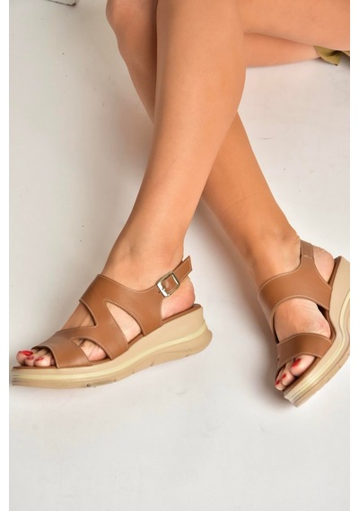 Fox Shoes Y555210403 Taba Hakiki Deri Kadın Sandalet Taba