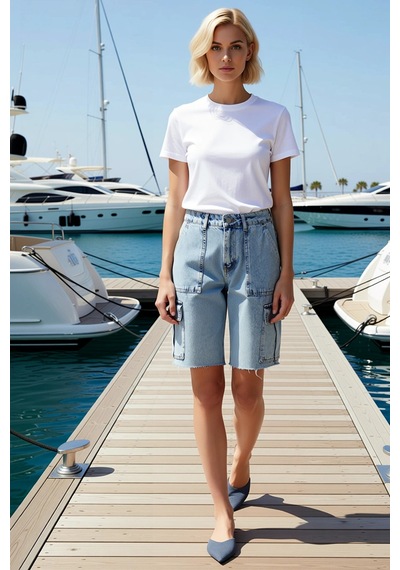 Benerly Kadın Yüksek Bel Kargo Cep Denim Bermuda Ham Paça Düz Desen Rigid Açık Mavi