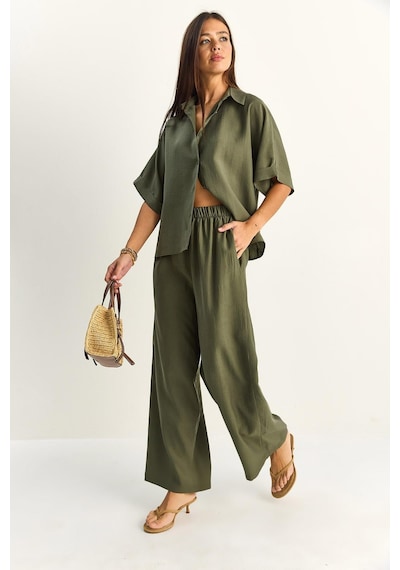 Shade Kadın Oversize Kısa Kol Gömlek Beli Lastikli Geniş Paça Pantolon Takım 7651 60286138 - Haki