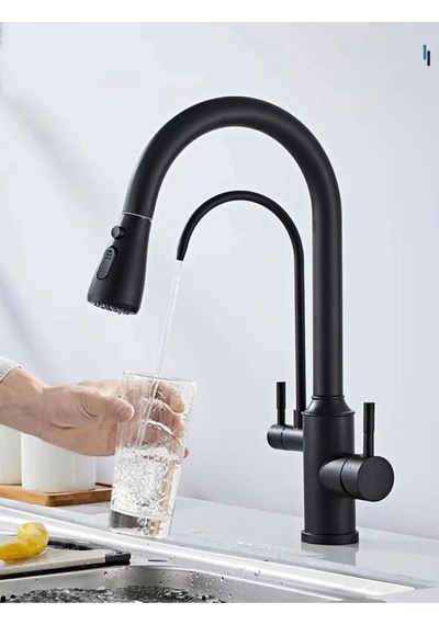 Mutfak Evye Bataryası Dual Flow Su Arıtma Çıkışlı Spiralli Siyah